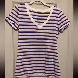 GAP Vintage Wash Blue and Orange Striped V-Neck T-shirt